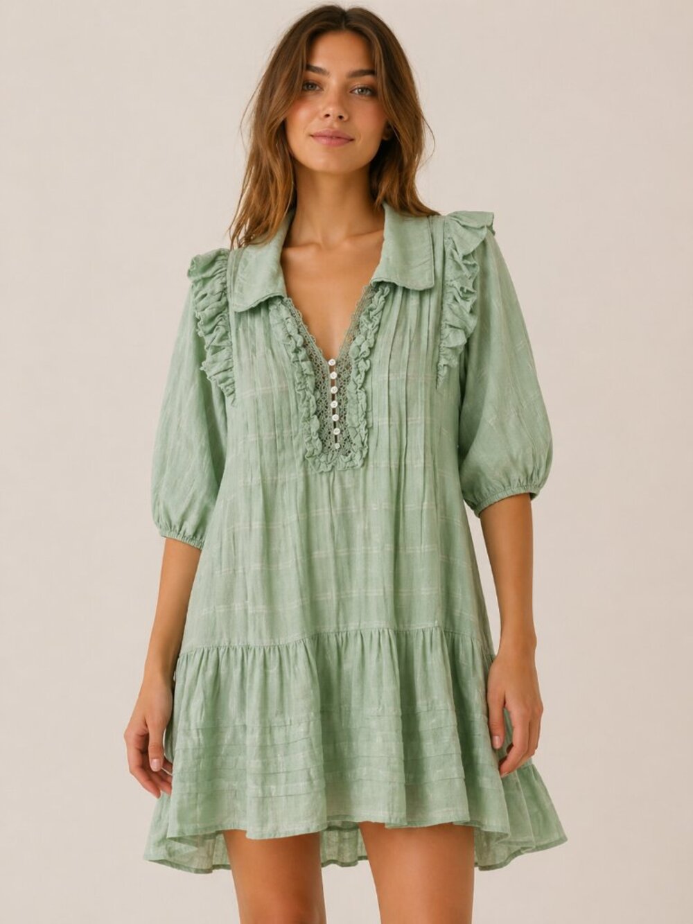 Free People Elora Mini Dress Green Ruffle Boho XS